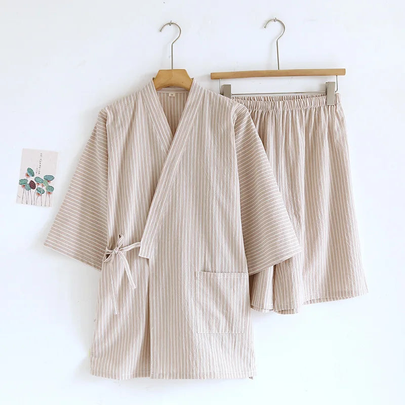 2026 Men's Summer 100% Cotton Pajama Sets Loose Bathrobes V-Neck Kimono Pijama Striped Half Sleeve and Shorts Men Homewear Suit